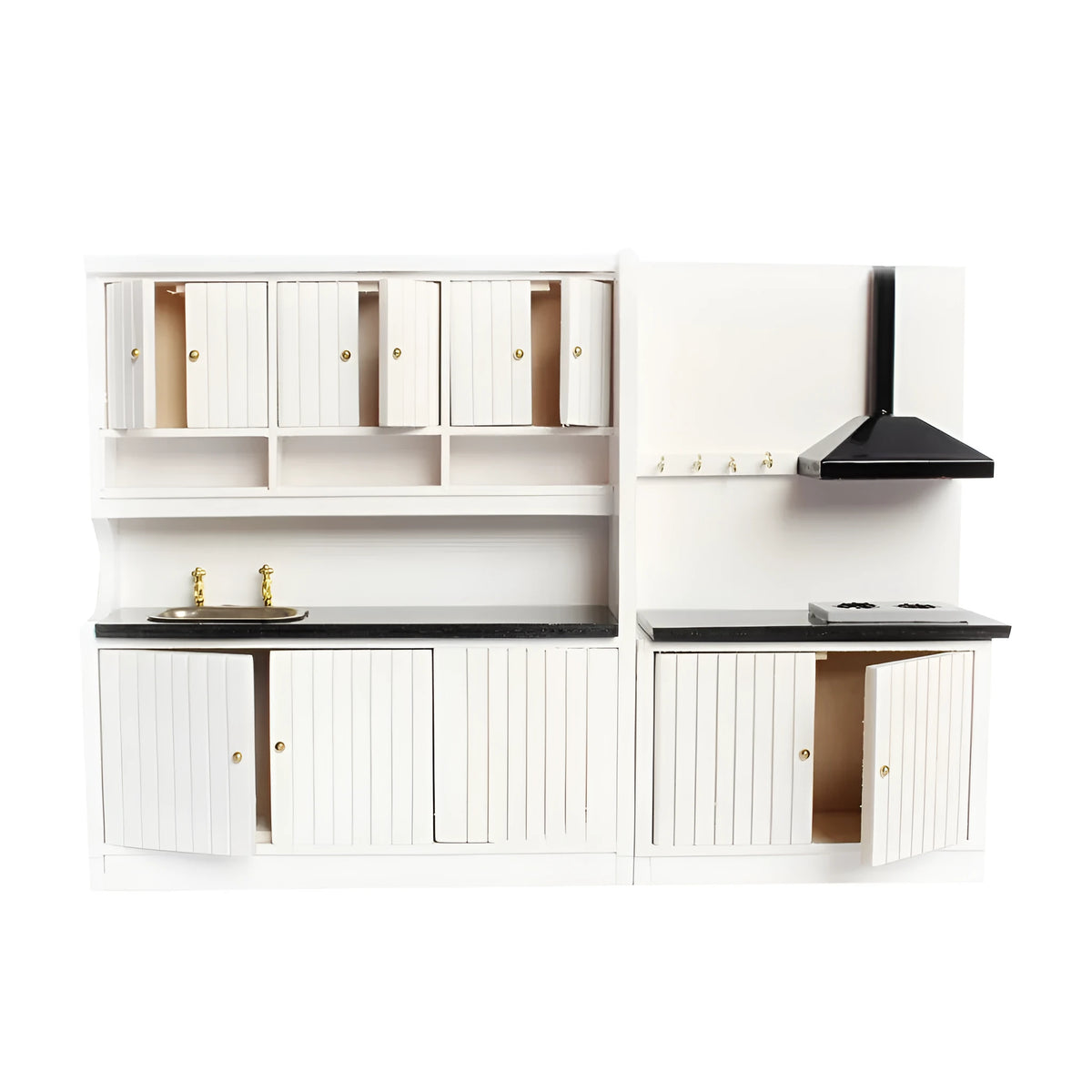 White dollhouse kitchen sink and stove cabinets with working doors and metal handles.