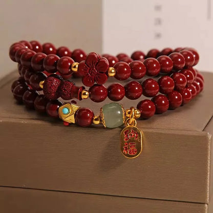 6mm cinnabar bracelet with multi-circle gourd five petal flower design in Chinese style