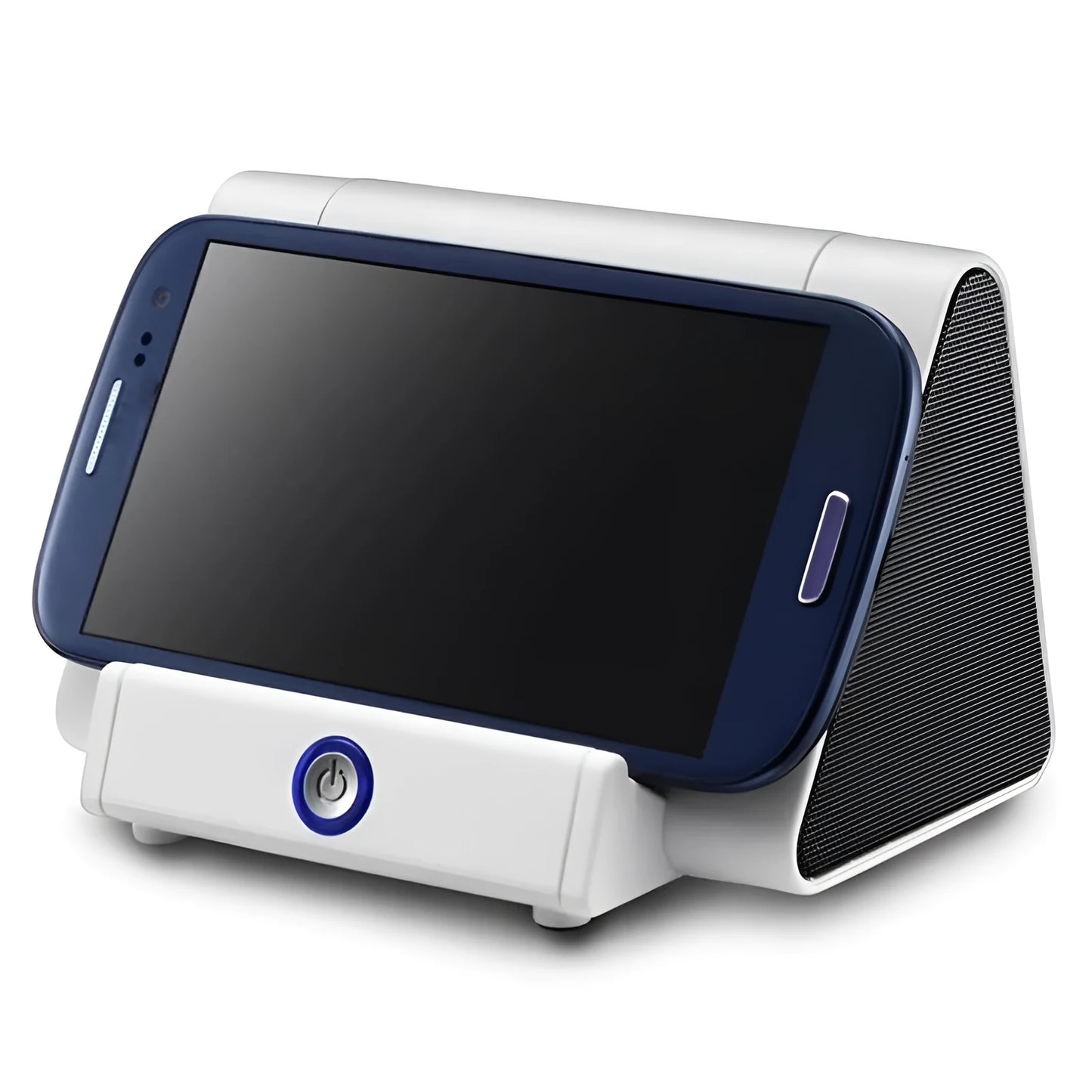 Compact black or white wireless Bluetooth speaker with charging cable.