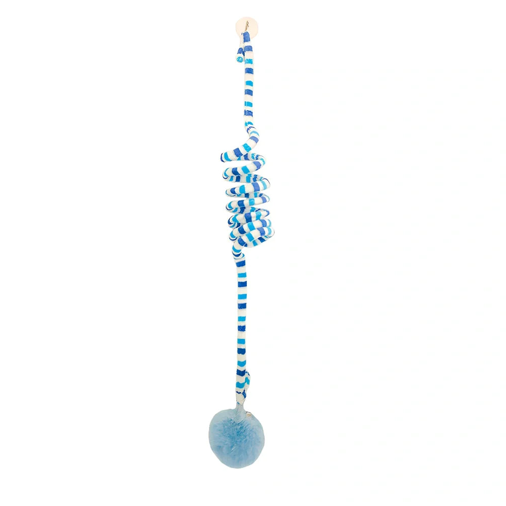 Blue interactive cat hanging toy with 8cm plush ball on 70cm stretch wand to 180cm, sucker base for window play
