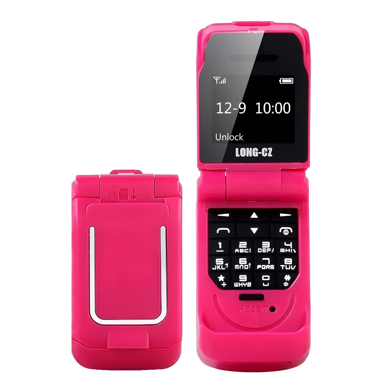 Mini flip mobile phone in gold, shown with flip cover open, on a white background.