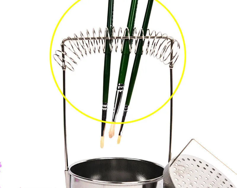 Stainless Steel Oil Painting Pen Washer with Brush Clamp Spring and Leak Plug for Solvent and Water Cleaning, Silver Finish, 1-Piece Artist Brush Cleaning Tank