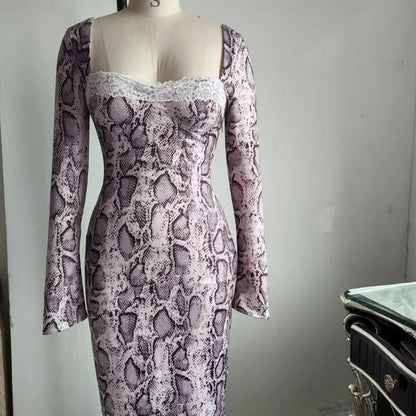 Grey lace dress with 3D floral digital print, A-line skirt, and long slim-fit sleeves on a mannequin.