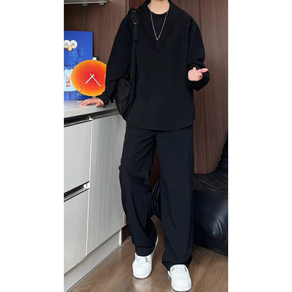 Men's black slim fit polo shirt and trousers set made from four-sided elastic hemp fabric