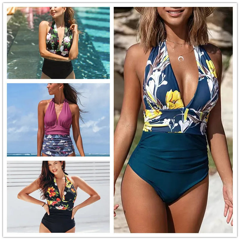 Women's sleeveless one-piece swimsuit in polyester and spandex blend, available in multiple colours.