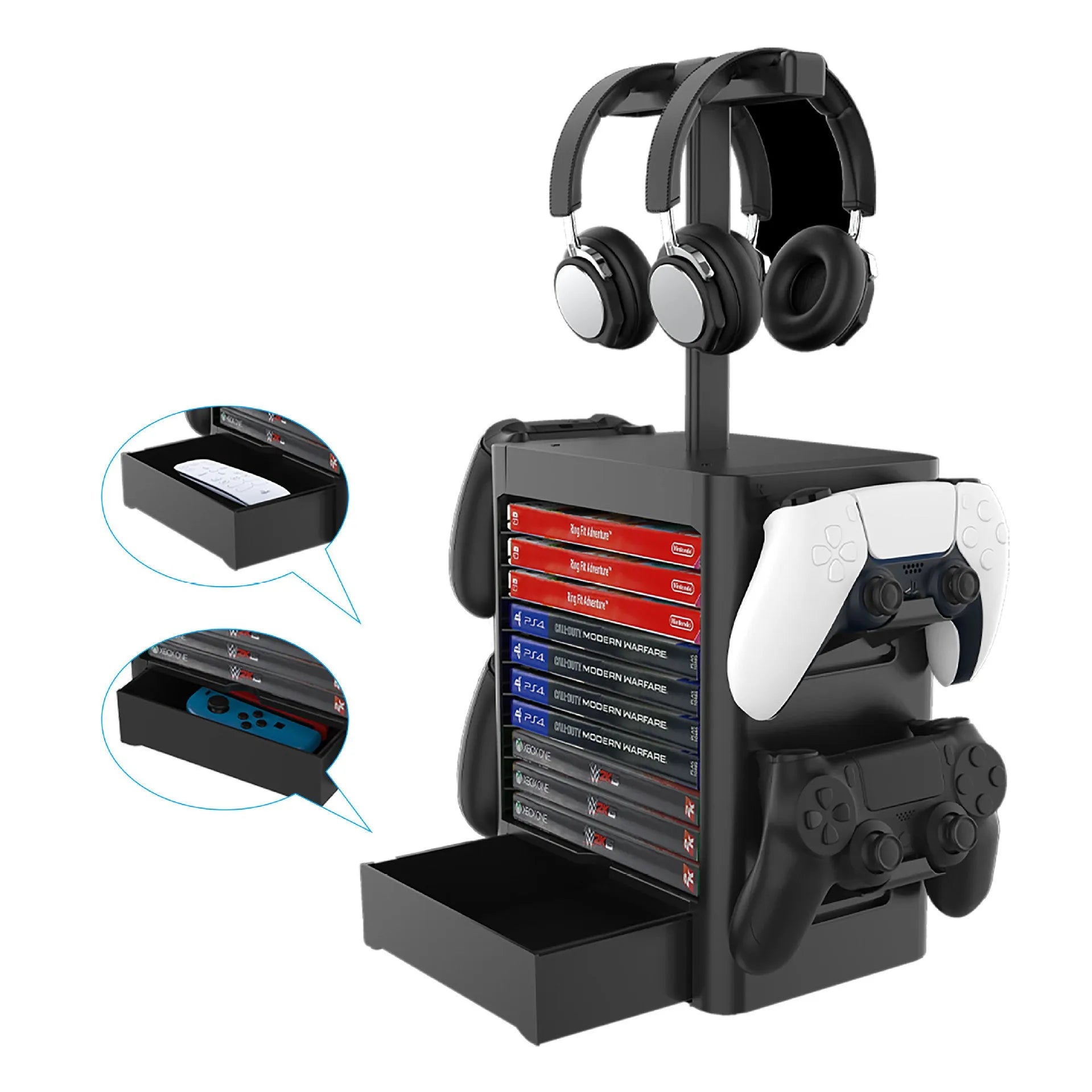 Black ABS gaming storage rack holding vertical game cases, a headset on top, controllers on side hooks, and a pull-out drawer open.