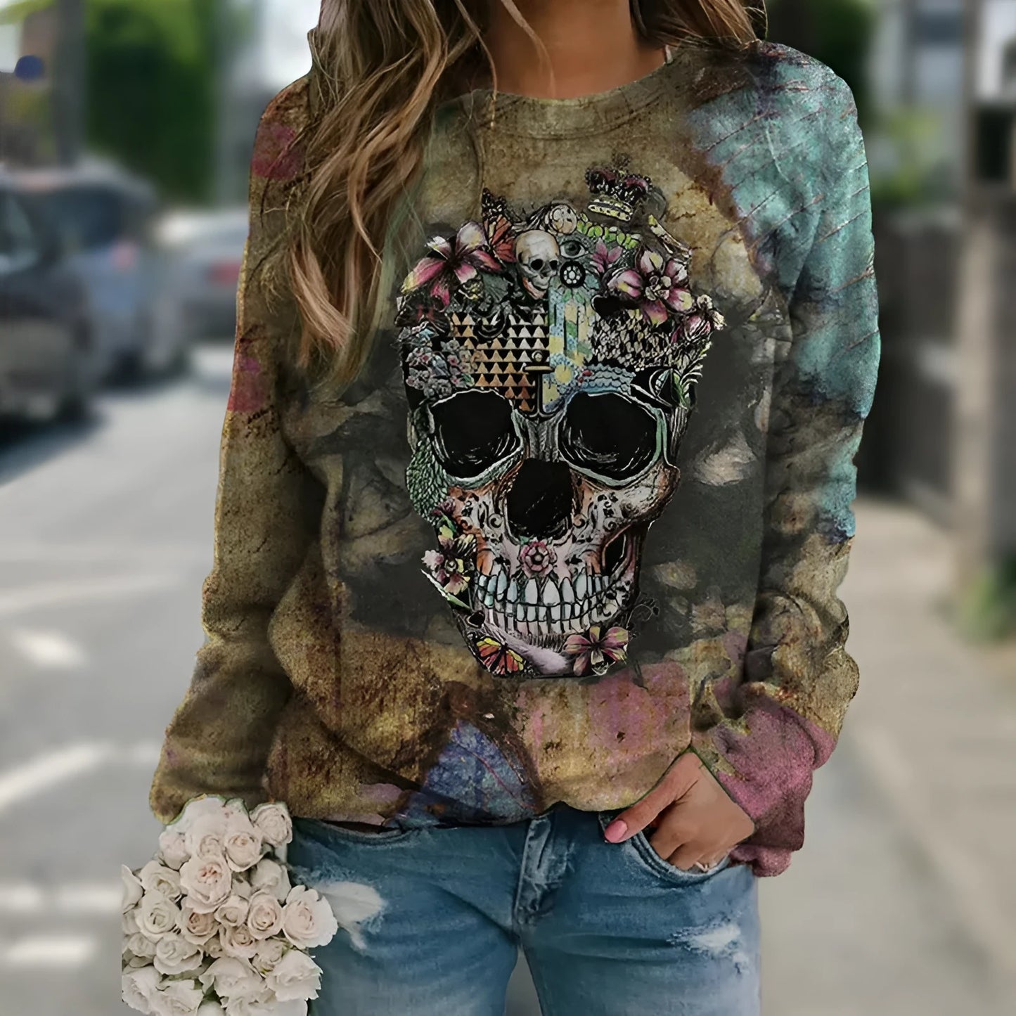 Black long sleeve sweatshirt with skull print design in polyester knit fabric