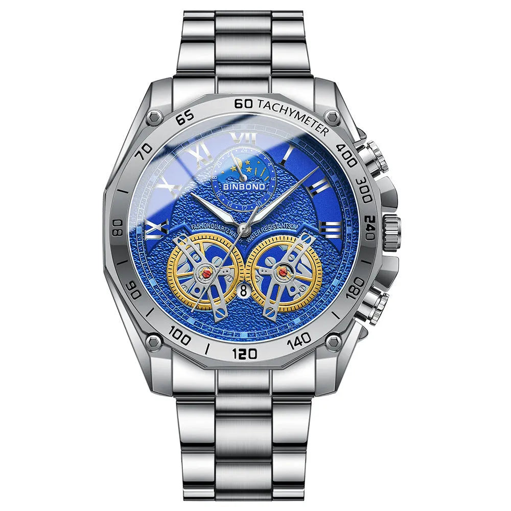 Men's hollow mechanical watch 11mm thick with visible movement and choice of gold, black steel, or white steel finish
