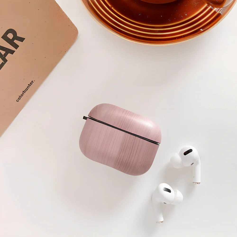 Dark brown wood grain IMD soft shell case for AirPods Pro, clamshell design with precise fit and drop protection