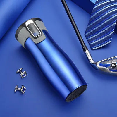 Black vacuum insulated stainless steel travel flask with push-button lid, 450ml capacity.