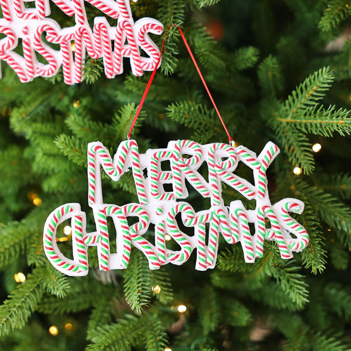 Christmas letter plate pendant ornament in red and white or red white green plastic for tree display