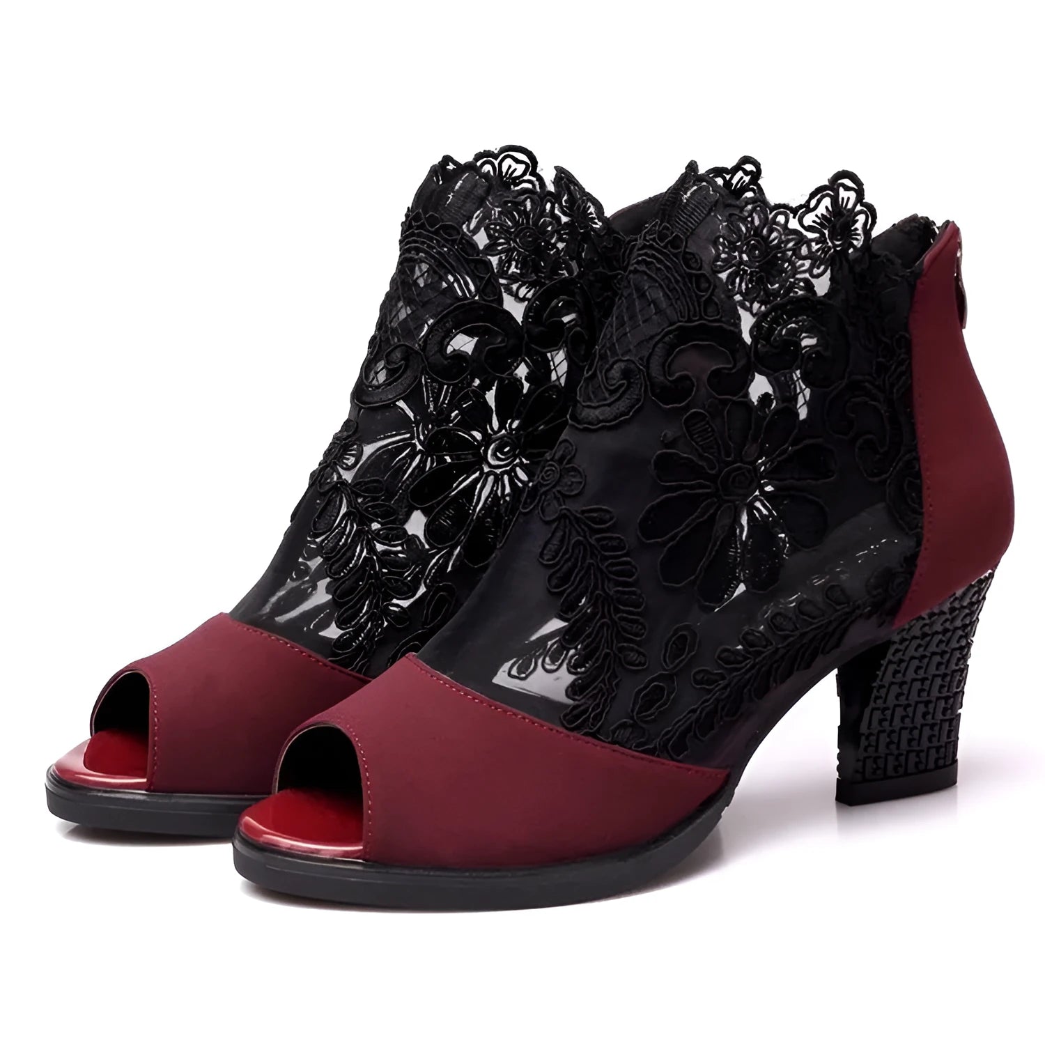 Lucyever women's black gladiator sandals with flower lace, square heel, and peep toe design