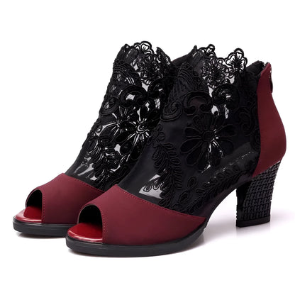 Lucyever women's black gladiator sandals with flower lace, square heel, and peep toe design