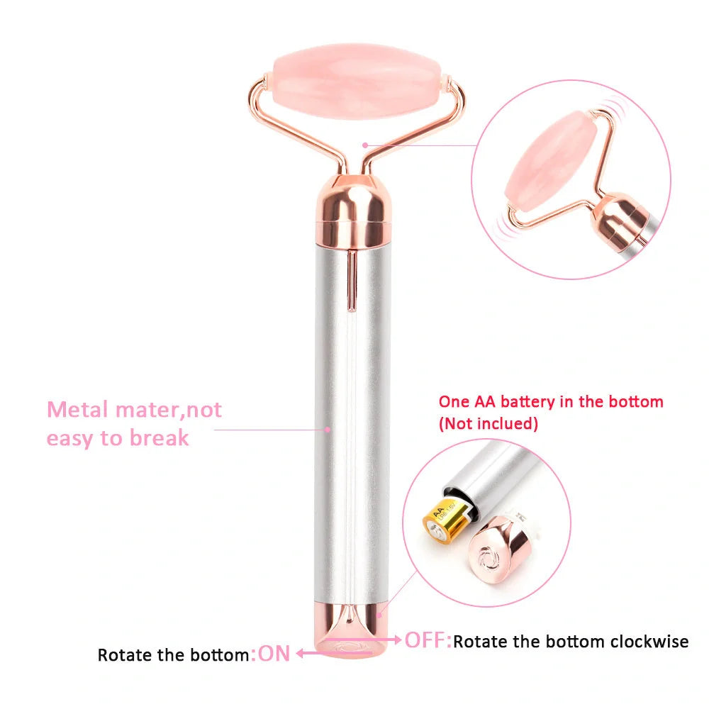 Electric Vibrating Natural Rose Quartz Jade Facial Roller with pink and green options