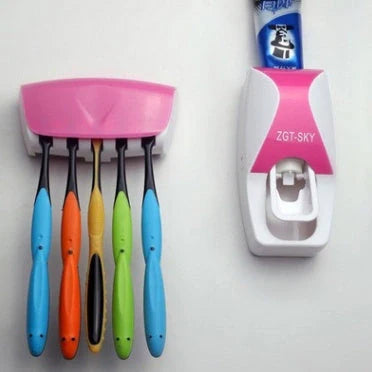 Dust proof automatic toothpaste squeezer and toothbrush holder set in black, blue, or red