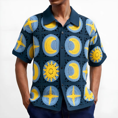 Navy blue men's cardigan with cartoon pattern flocking and short sleeves for summer