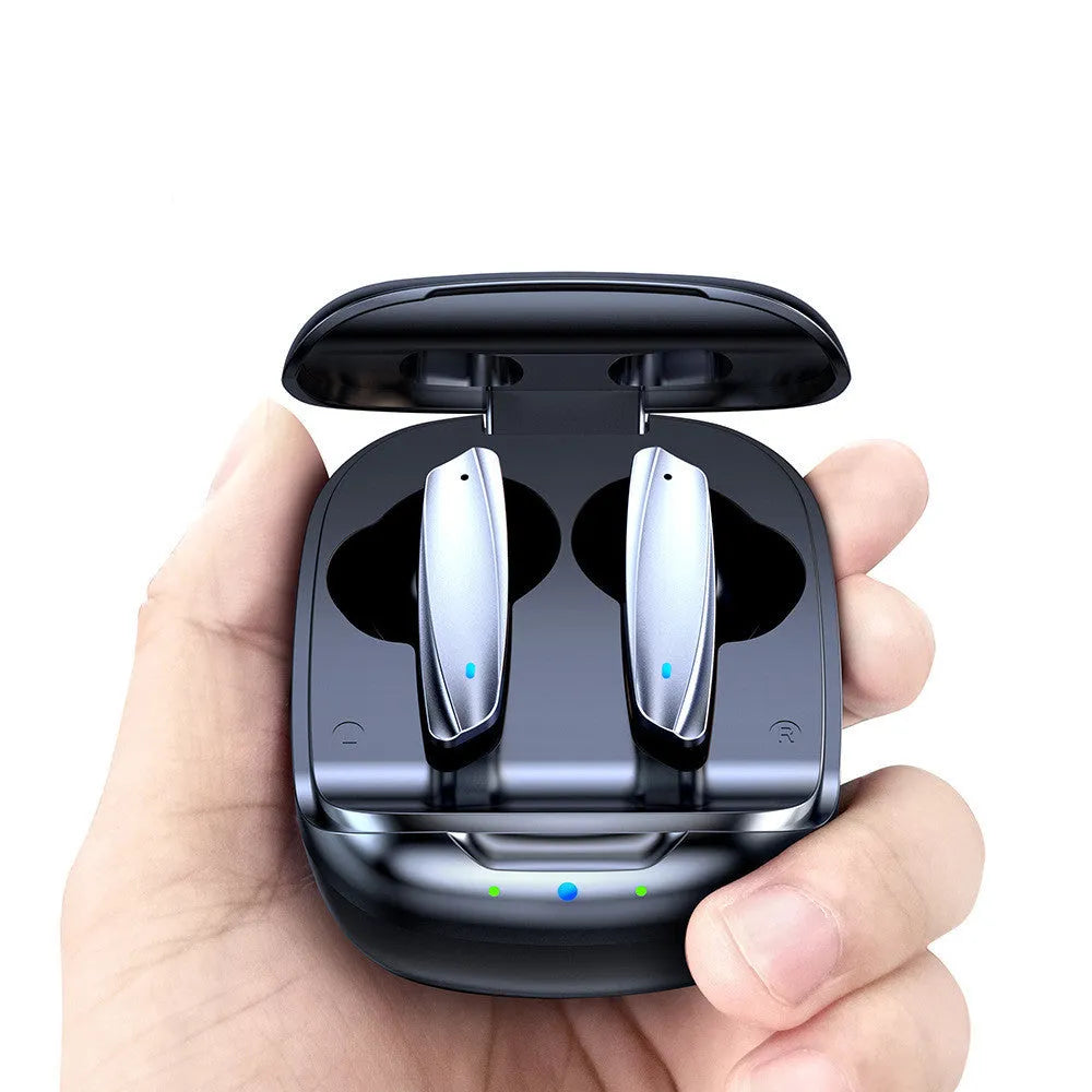 Black and white TWS Bluetooth 5.1 headphones with charging case showing wireless in-ear design