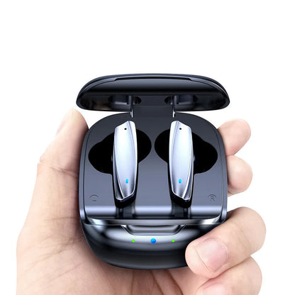 Black and white TWS Bluetooth 5.1 headphones with charging case showing wireless in-ear design