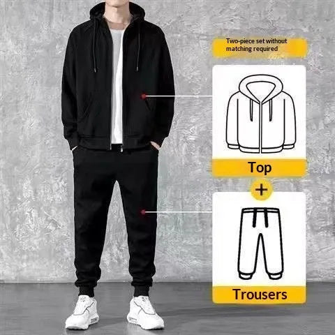 Men's cotton zip-up hoodie and long pants set in black or gray, casual spring tracksuit, sizes M to 4XL