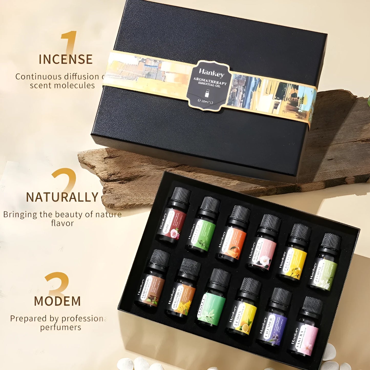 Boxed set of water-soluble aromatherapy essential oils in vials, available in multiple pack sizes.