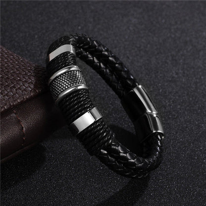 Men's black braid woven leather and titanium stainless steel bracelet