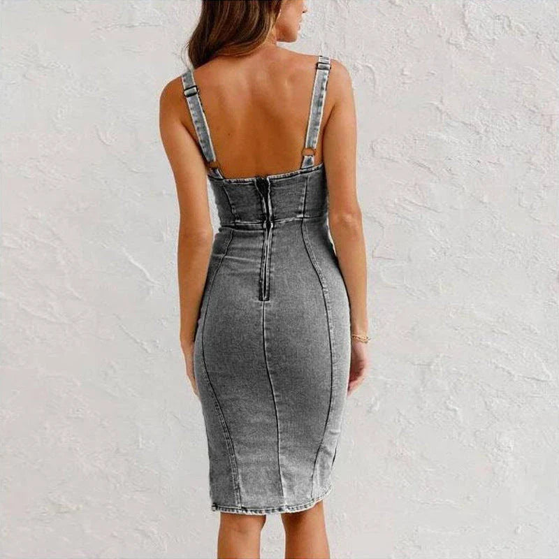 Stylish denim dress with U-neck, suspender design, and slit details for a flattering, casual summer look