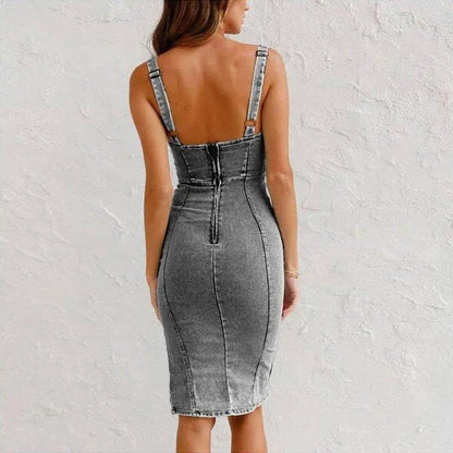 Stylish denim dress with U-neck, suspender design, and slit details for a flattering, casual summer look