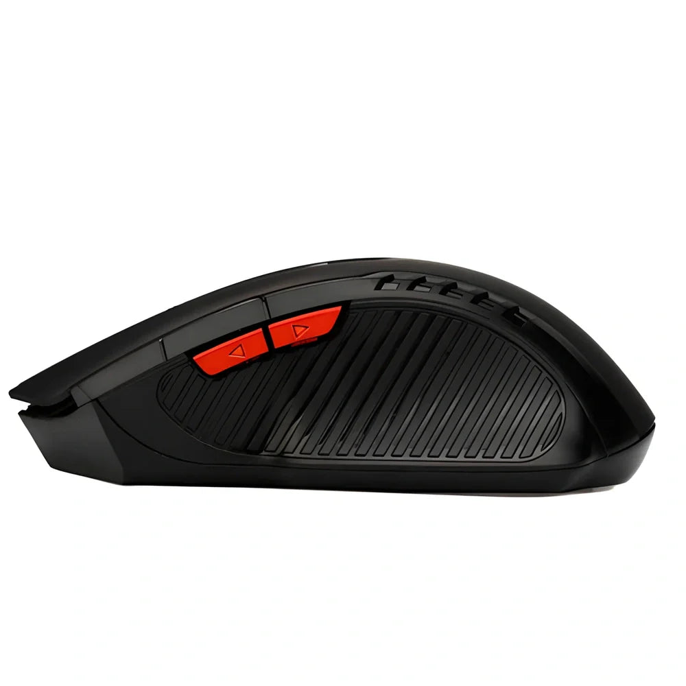 Black wireless computer mouse with six buttons and USB receiver, 100-120mm size