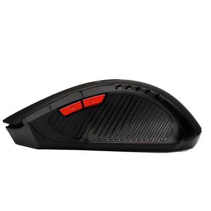 Black wireless computer mouse with six buttons and USB receiver, 100-120mm size