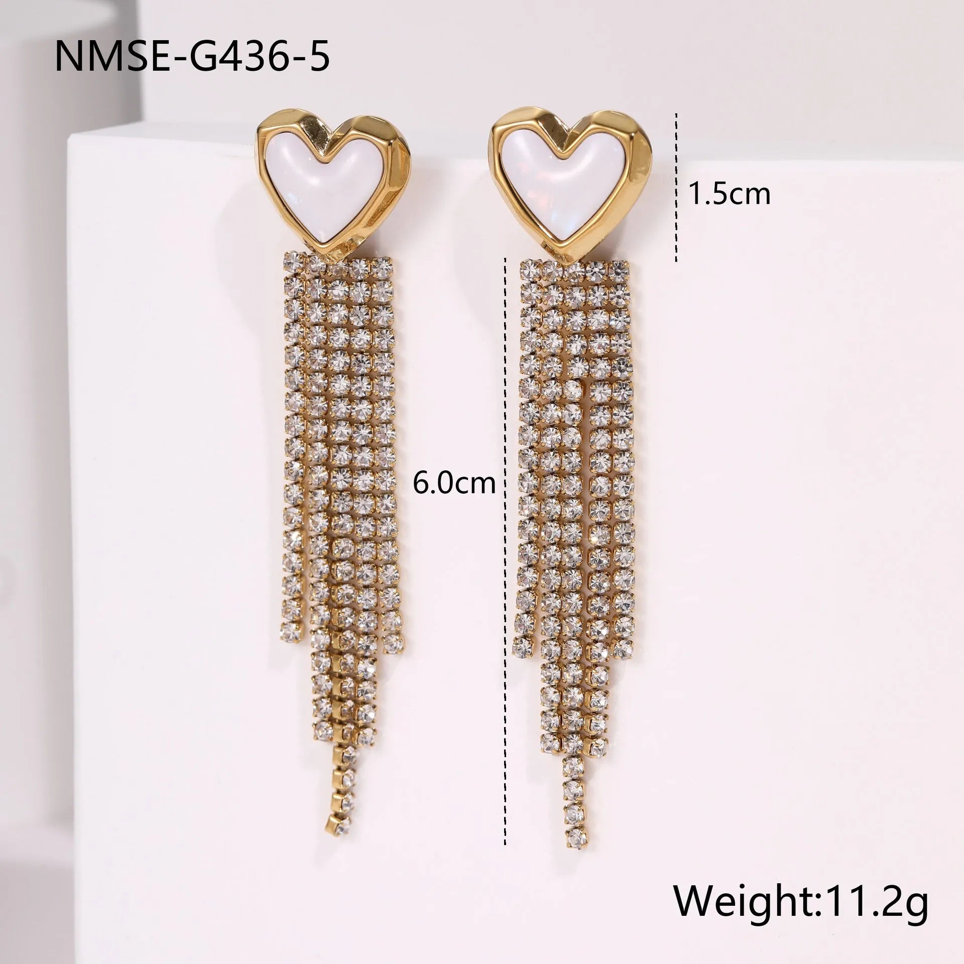 Stainless steel diamond tassel earrings with heart and star shapes in 18K gold electroplated finish