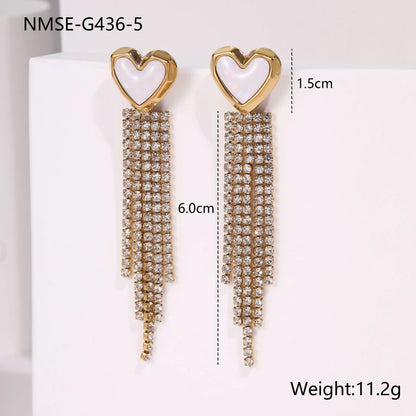 Stainless steel diamond tassel earrings with heart and star shapes in 18K gold electroplated finish