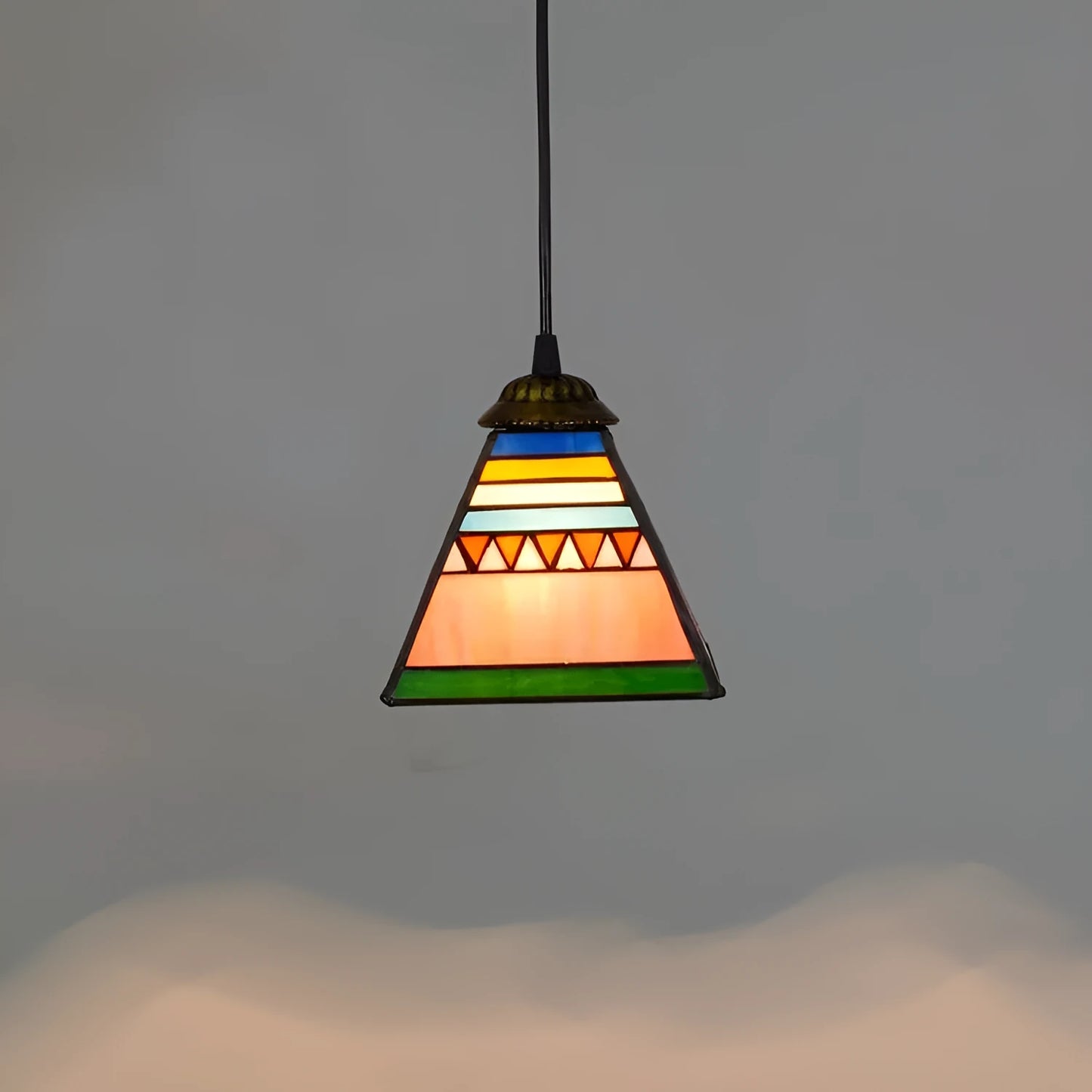 Stained glass ceiling pendant light with coloured glass shade measuring 15cm diameter