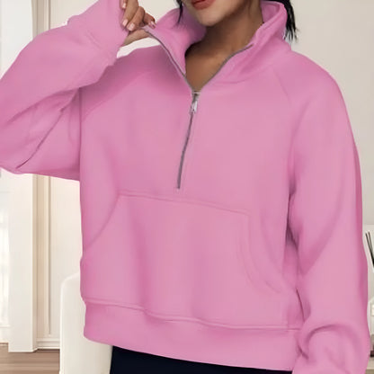 Women's loose lapel fleece-lined sweater in a solid colour with raglan long sleeves.
