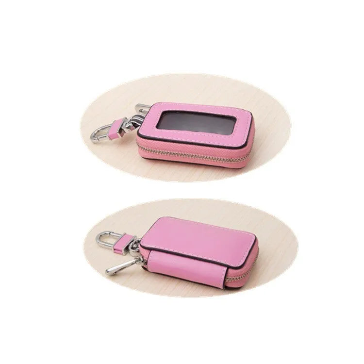 White genuine leather square car key case with plain weave pattern, shown with key bag