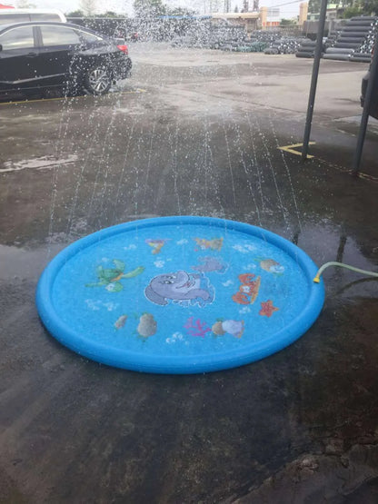 Blue PVC children's water spray play mat with marine animal prints measuring 100cm by 170cm