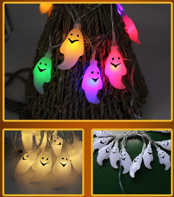 Halloween LED string lights with bat, ghost, and pumpkin pendants on a 1.2 metre white cable.