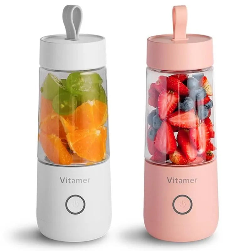 White portable USB rechargeable blender bottle with silicone handle on a Tritan cup.