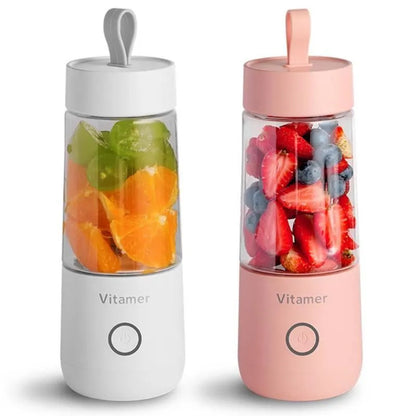 White portable USB rechargeable blender bottle with silicone handle on a Tritan cup.