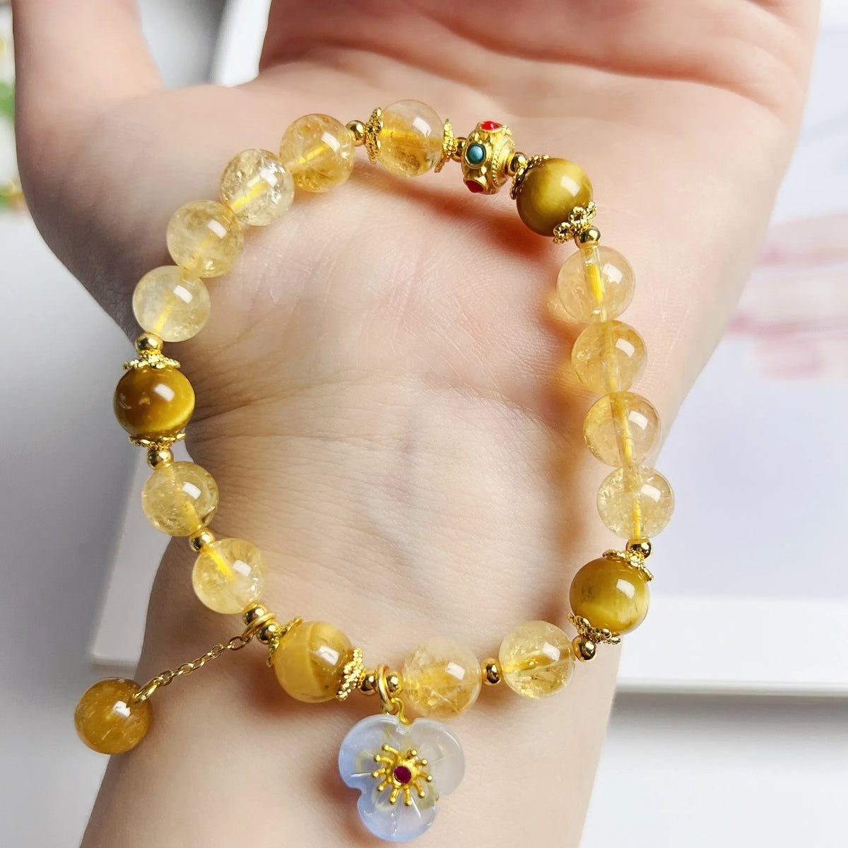 Citrine crystal bracelet with floral tassel design for women, handcrafted beadwork