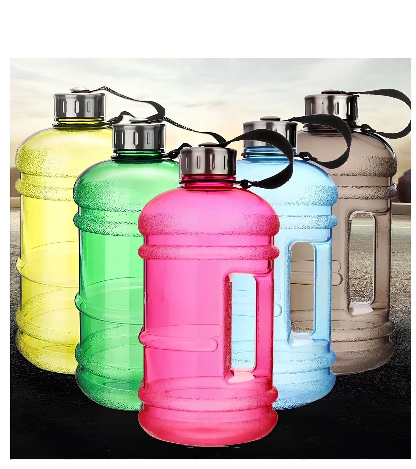 2-litre sports bottle with dumbbell shape in multiple colours including fuchsia, blue, pink, black, green, yellow