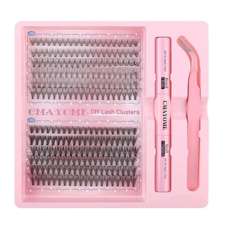 DIY single cluster false eyelashes set showing artificial fibre lashes in a natural thick, mixed split style.