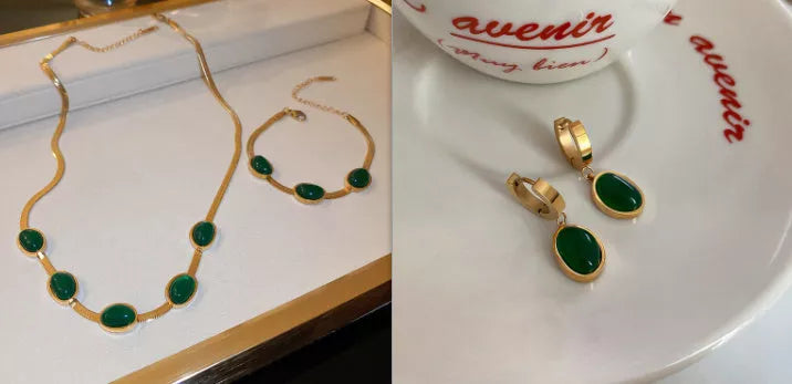 Boho green stone crystal snake chain multilayer necklace and bracelet set for women