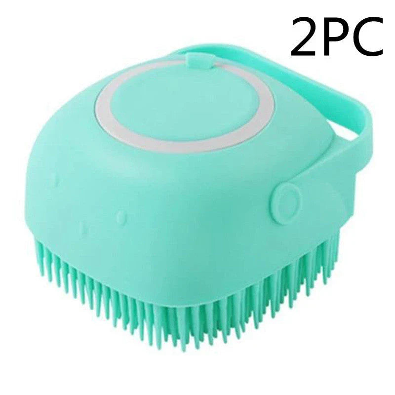 Silicone pet grooming gloves with shampoo dispenser for gentle bathing and massage