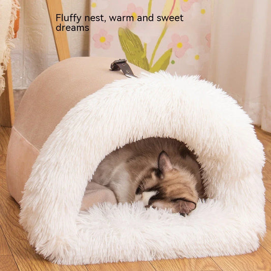 Cozy Portable Pet Nest for Dogs and Cats - Plush Autumn & Winter Retreat with Semi-Enclosed Design and Easy-Clean Plush Fabric