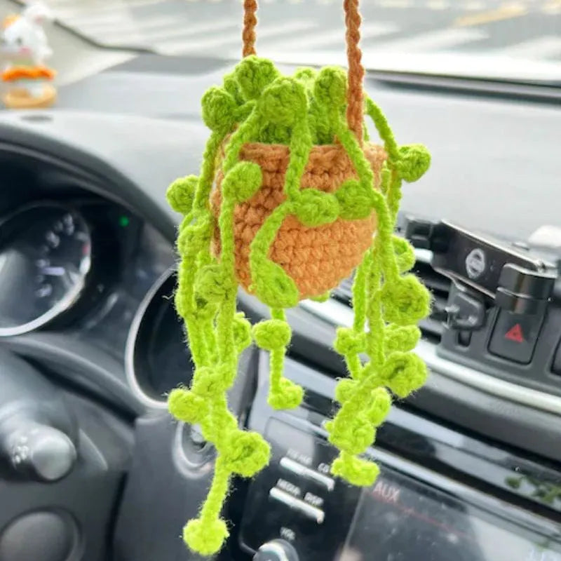 Green and white fishing style car plant decoration with 8cm base and 25cm hanging rope