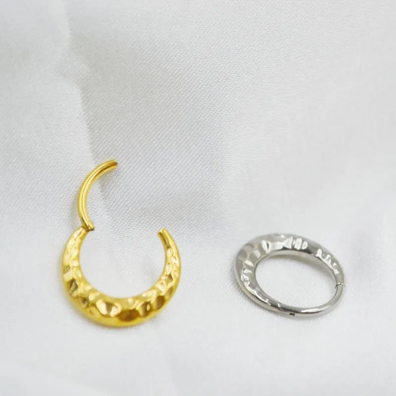 Titanium alloy ASTM F136 concave-convex nose ring available in gold or silver colours with 1.2mm thickness and 8mm or 10mm length options, featuring carved processing technology for unisex wearers seeking quality body jewellery