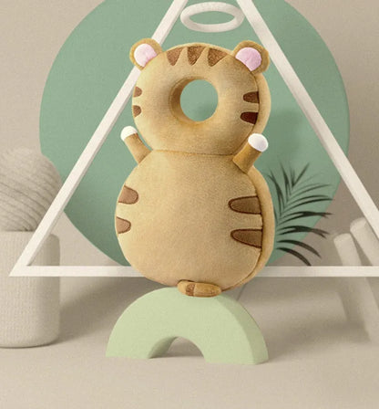 Round baby neck pillow in animal design with elastic straps for anti-fall protection.