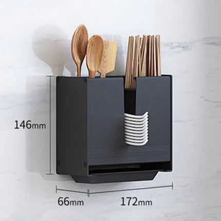 Black aluminium wall-mounted kitchen shelf with chopstick holder, lid rack, tool holder, and glue frame.