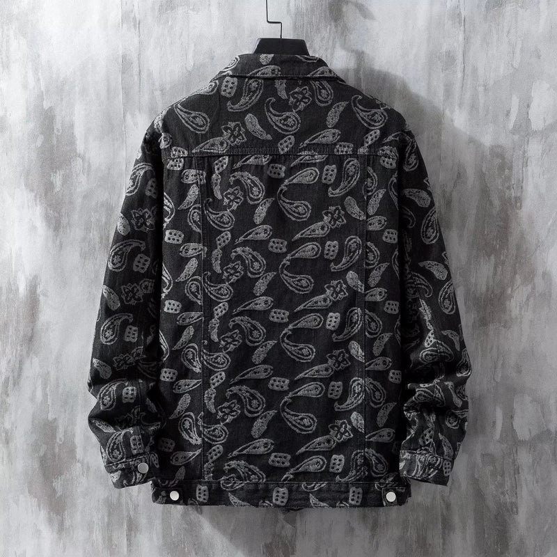 Men's slim fit denim coat street fashion printed jacquard casual all-matching personality trend jacket with patch pockets and drawstring casing available in black dark blue light blue sizes M L XL XXL XXXL