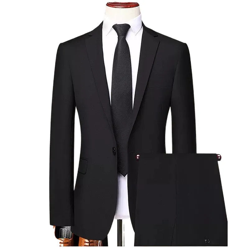 Men's Korean-style slim fit three-piece business suit in chemical fibre blend with tie